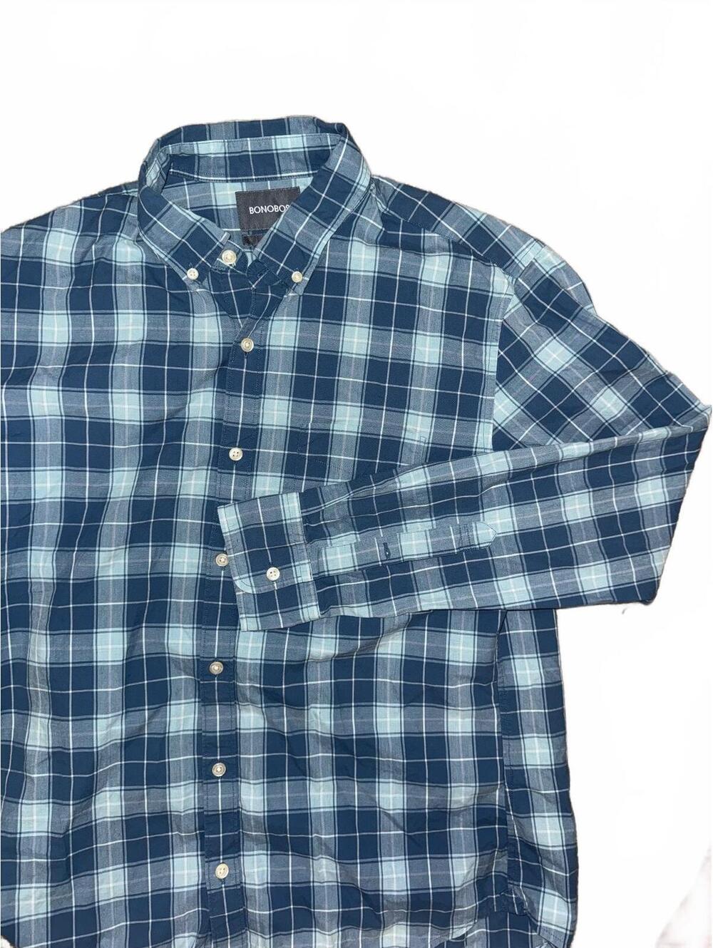 Men’s Bonobos blue plaid button down slim fit 100% cotton shirt Size L